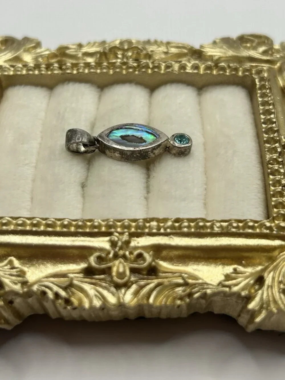 Vintage Sterling Silver Abalone Pendant Marquise Inlay Blue Stone Accent - Picture 7 of 12